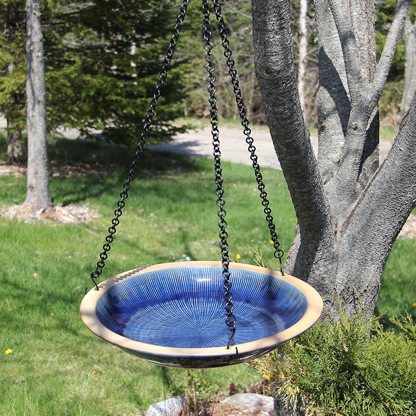 BYER OF MAINE Radial Hanging Bird Bath, Porcelain, Glaze Finish, Adjustable Chain, 14"x14"x34"